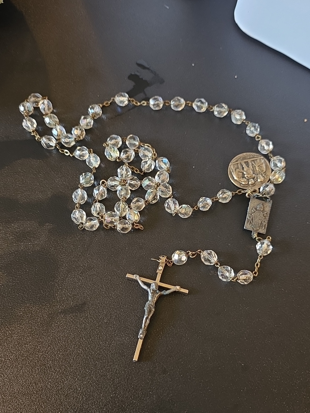 Crystal Bead Rosary Necklace with Crucifix Vintage 1950s?